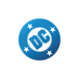 DC logo with blue circle and stars on a white background