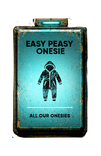 A rectangular vintage-style metal botton with a distressed turquoise background, rusted edges, and black text reading 'EASY PEASY ONESIE' at the top and 'ALL OUR ONESIES' at the bottom, with a black hooded onesie icon in the center. This links to the Halloween Onesie Collectoin