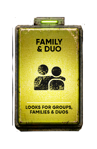 A rectangular novelty button with a distressed yellow-green background and black text reading 'FAMILY & DUO' and 'LOOKS FOR GROUPS, FAMILIES & DUOS,' plus a simple icon of two people. It links to Family & Duo collection