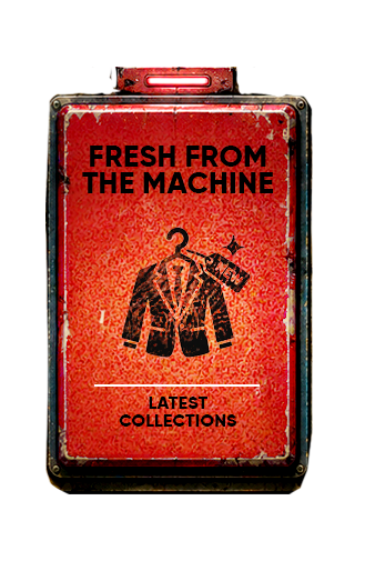 A rectangular vintage-style red metal button with distressed rust effects, reading 'FRESH FROM THE MACHINE' and 'LATEST COLLECTIONS,' with a black illustrated jacket on a hanger in the center, isolated on a white background.This will linkl to the fresh from the machine collection.