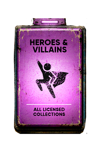 A rectangular vintage-style metal button with a distressed purple background and black text reading 'HEROES & VILLAINS' and 'ALL LICENSED COLLECTIONS,' plus a black superhero silhouette in the center. The sign has rusted edges and a dark frame, shown on a plain white background. This links to the Heroes & Villains collection.