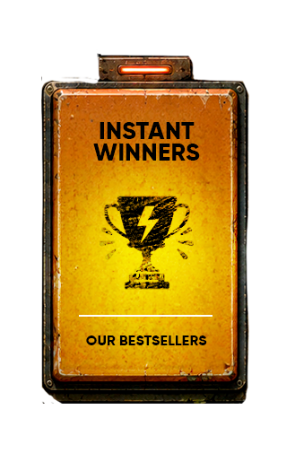 A rectangular vintage-style award button with a distressed yellow-orange face, black border, and printed text reading 'INSTANT WINNERS' and 'OUR BESTSELLERS' with a trophy and lightning bolt graphic in the center. This will link to the instant winners collection.
