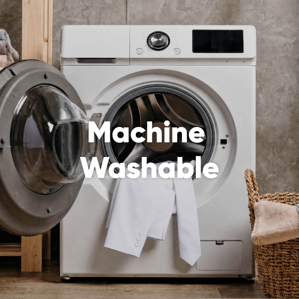 White washing machine with clothes inside, text 'Machine Washable' displayed.
