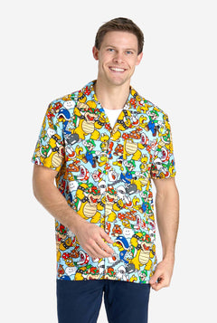 Man wearing Hawaiian shirt with Super Mario Icons