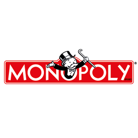 Monopoly brand logo with the red rectangular Monopoly sign, white lettering, and the black-and-white Monopoly Man mascot centered on a light gray background.