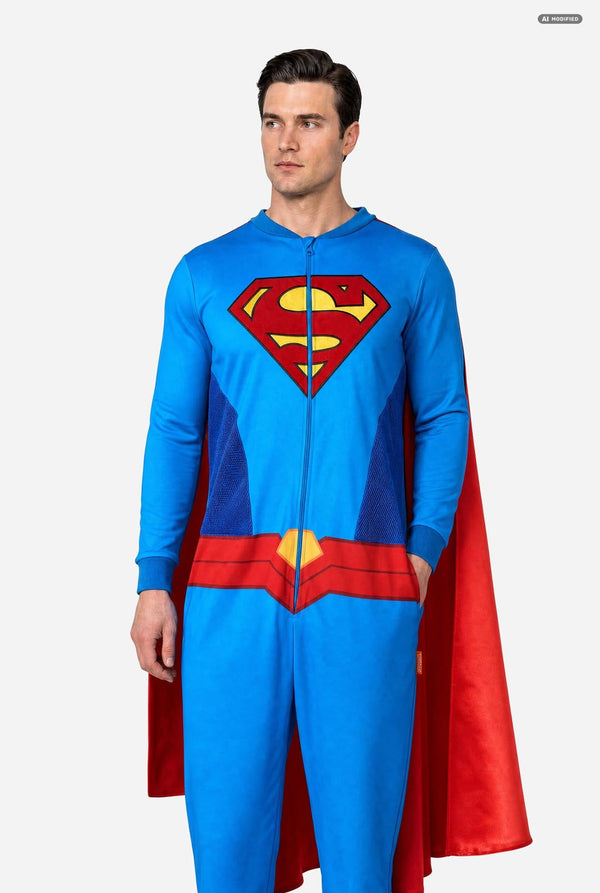 Man wearing a Superman onesie with a red cape on a white background