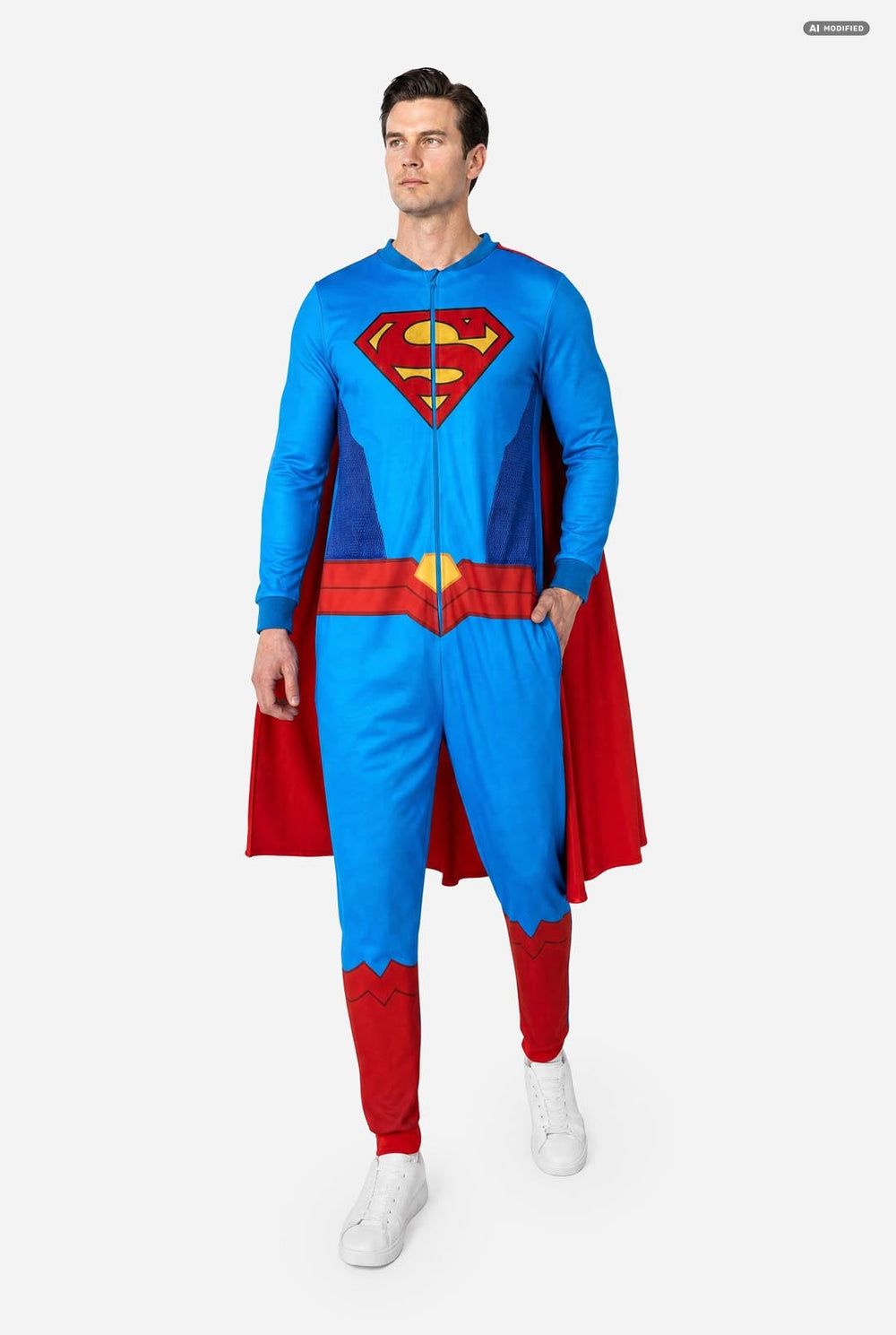 Man wearing a Superman onesie with a red cape on a white background