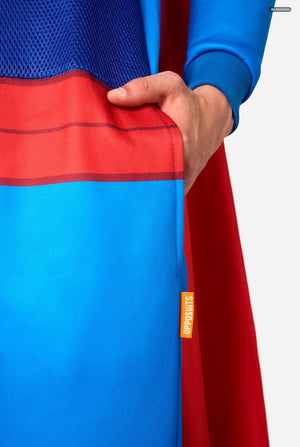Superhero costume with blue and red cape and visible brand logo.