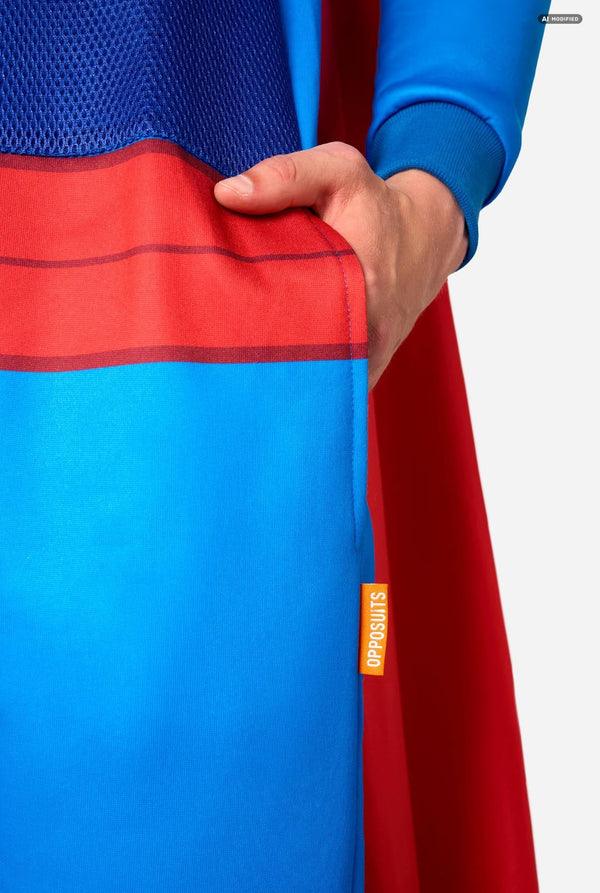 Superhero costume with blue and red cape and visible brand logo.