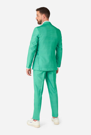 Man wearing turquoise colored suit, view from the back