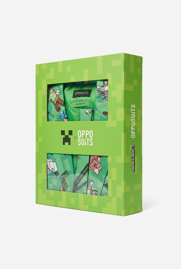 Green OppoSuits packaging with a window displaying suits on a light background