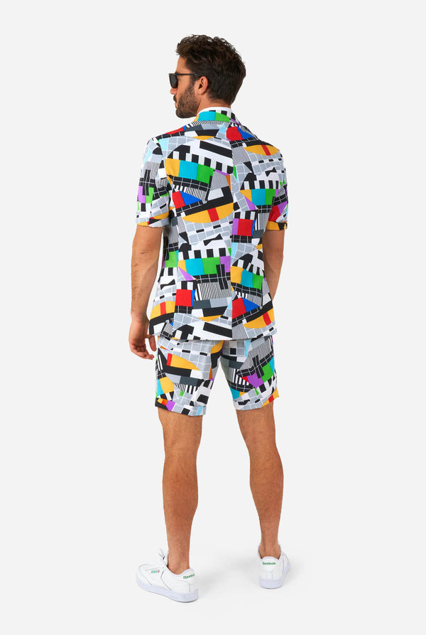 Man wearing summer suit with test screen print, view from the back