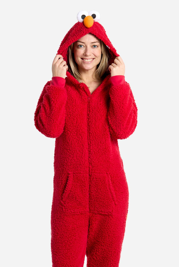 Women wearing red pluche Elmo Adult onesie for women