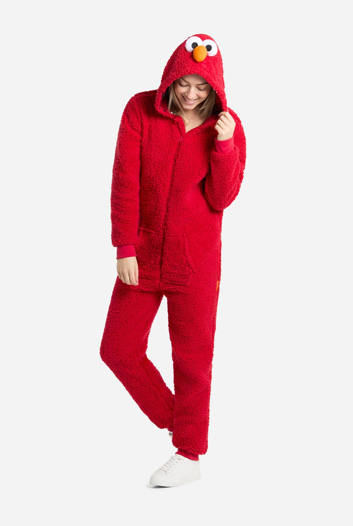 Women wearing red pluche Elmo Adult onesie for women