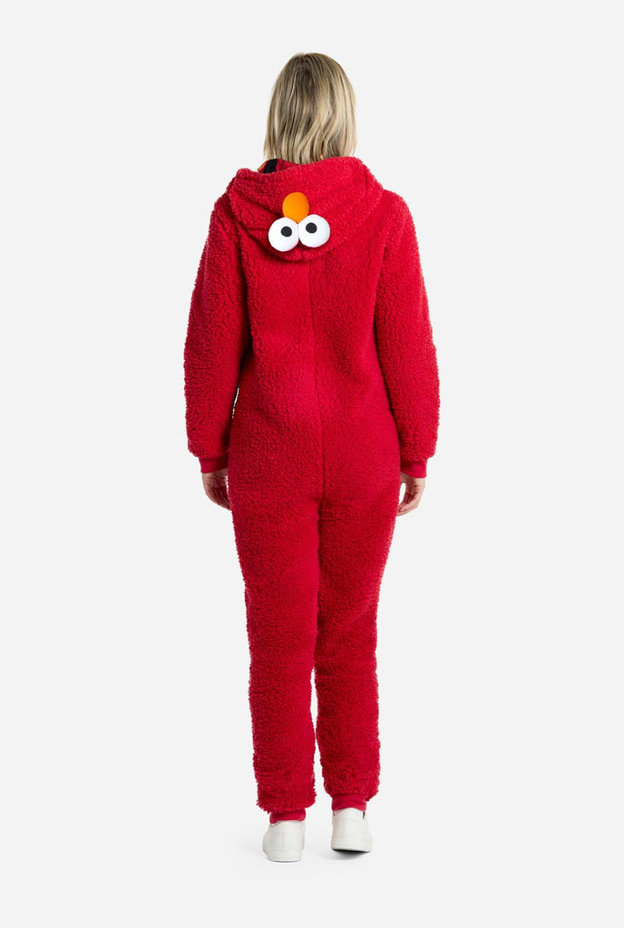 Women wearing red pluche Elmo Adult onesie for women, view from the back