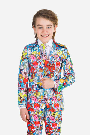 Kids wearing formal suit with SpongeBob print