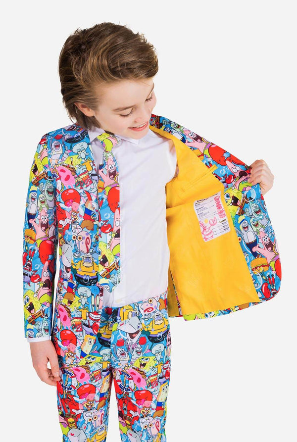 Kids wearing formal suit with SpongeBob print