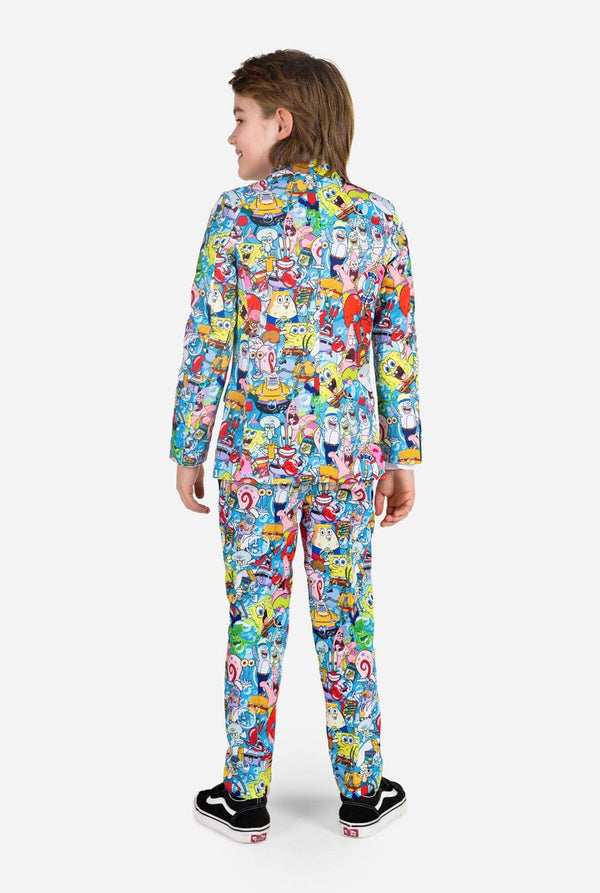 Kids wearing formal suit with SpongeBob print, view from the back