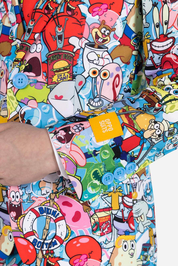 Kids wearing formal suit with SpongeBob print, close up