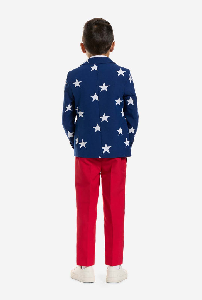 American Flag suit for boys worn by boy, view from the back