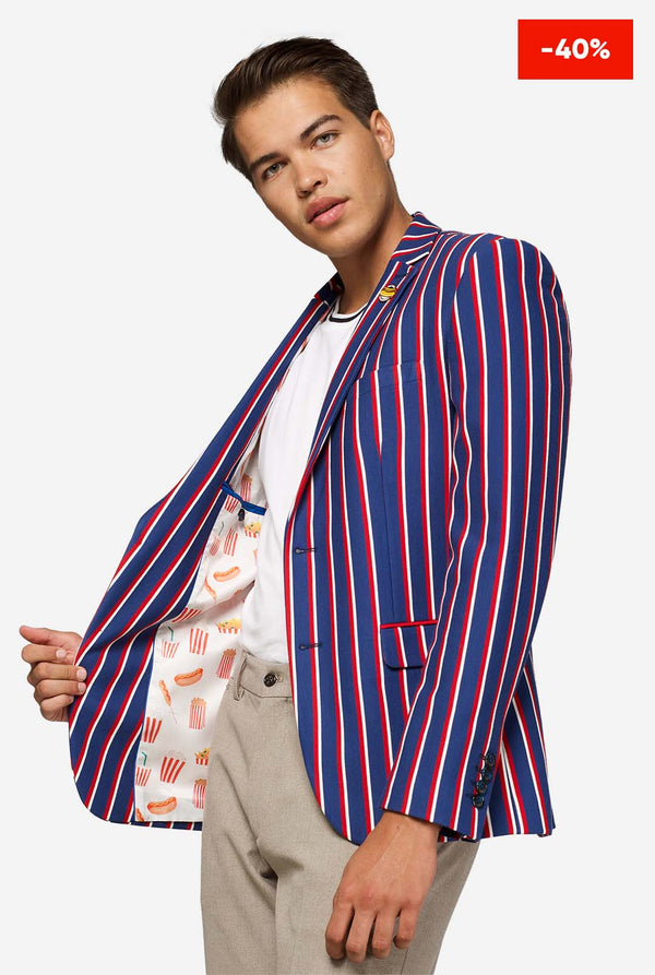 Red white and blue striped casual blazer worn by man