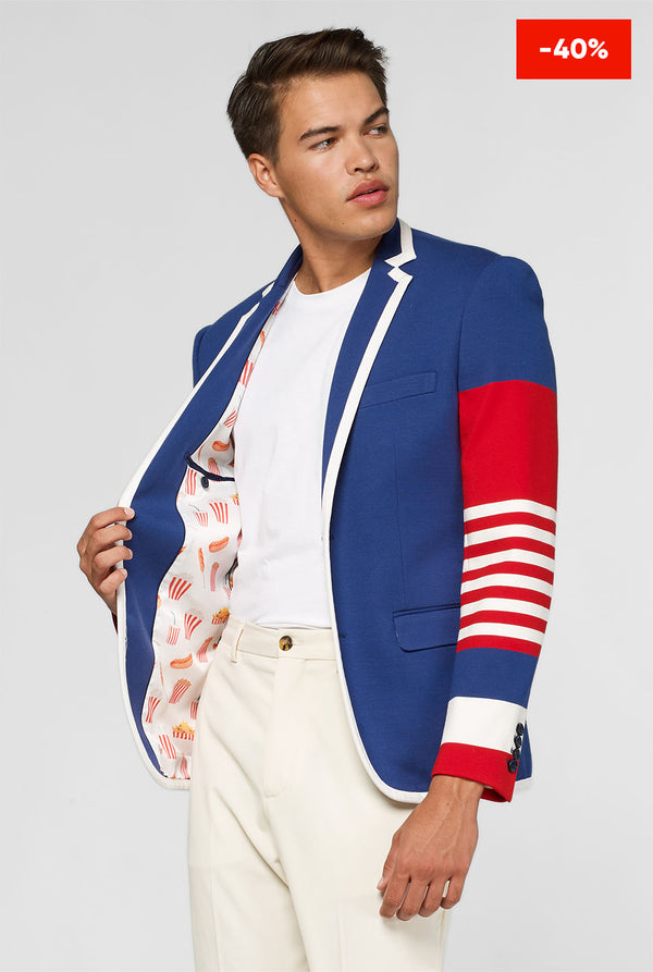 Red white and blue sporty casual blazer worn by man