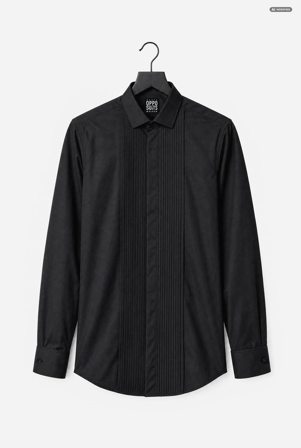 A black long-sleeve tuxedo shirt with vertical pleats down the front, hanging on a black hanger against a light gray background.