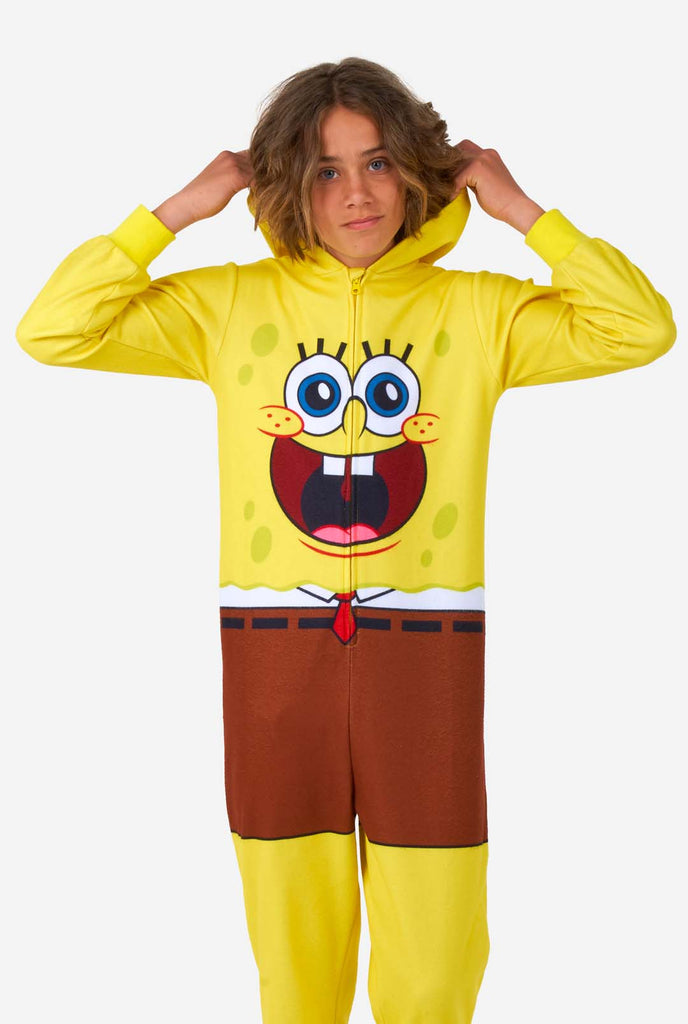 Kid wearing Spongebob onesie