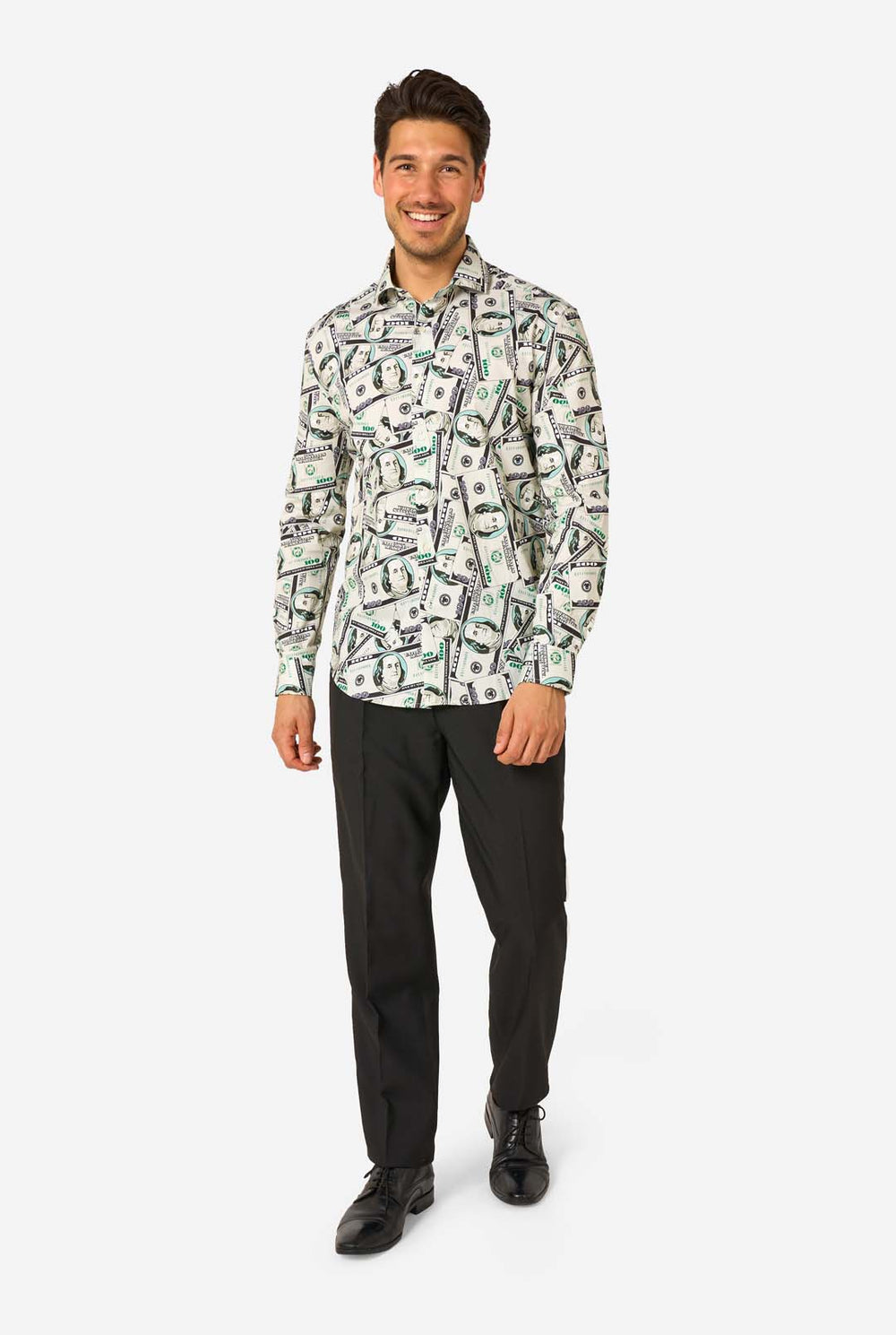 Man wearing a shirt with dollar bill print on a white background