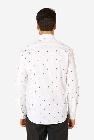 Man wearing a white dress shirt with Christmas tree pattern on a white background, view from the back.