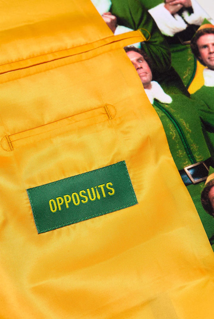 Close-up of the OppoSuits ELF Christmas Suit, showing the inside of the jacket with yellow lining. 