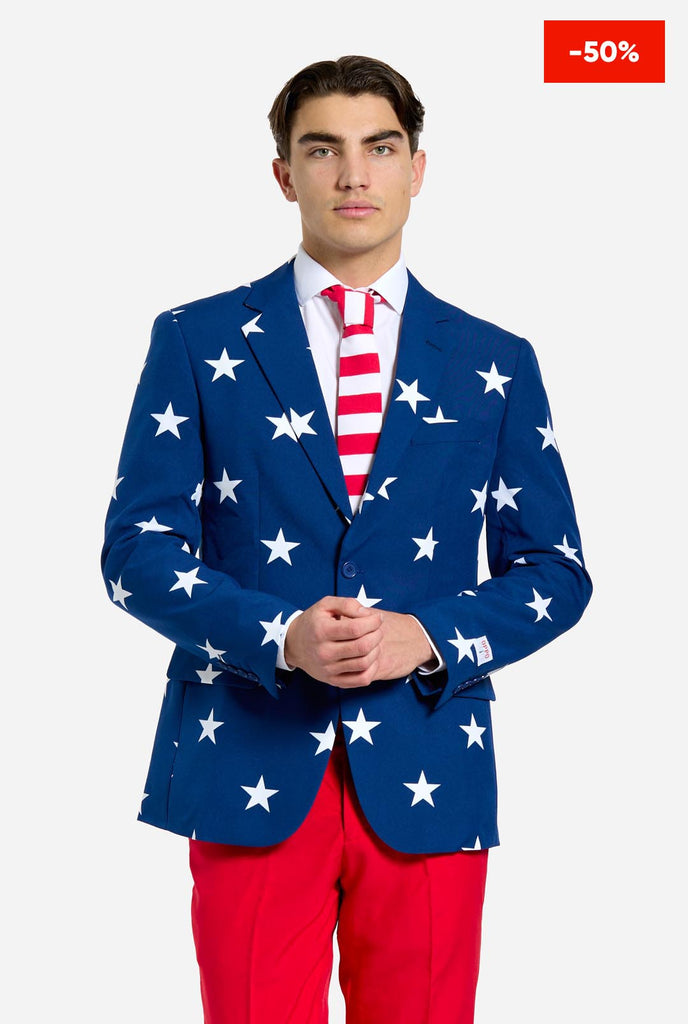 Man wearing red and blue USA themed suit for 4th of July