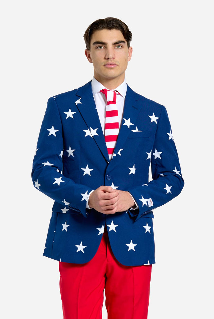 Man wearing red and blue USA themed suit for 4th of July