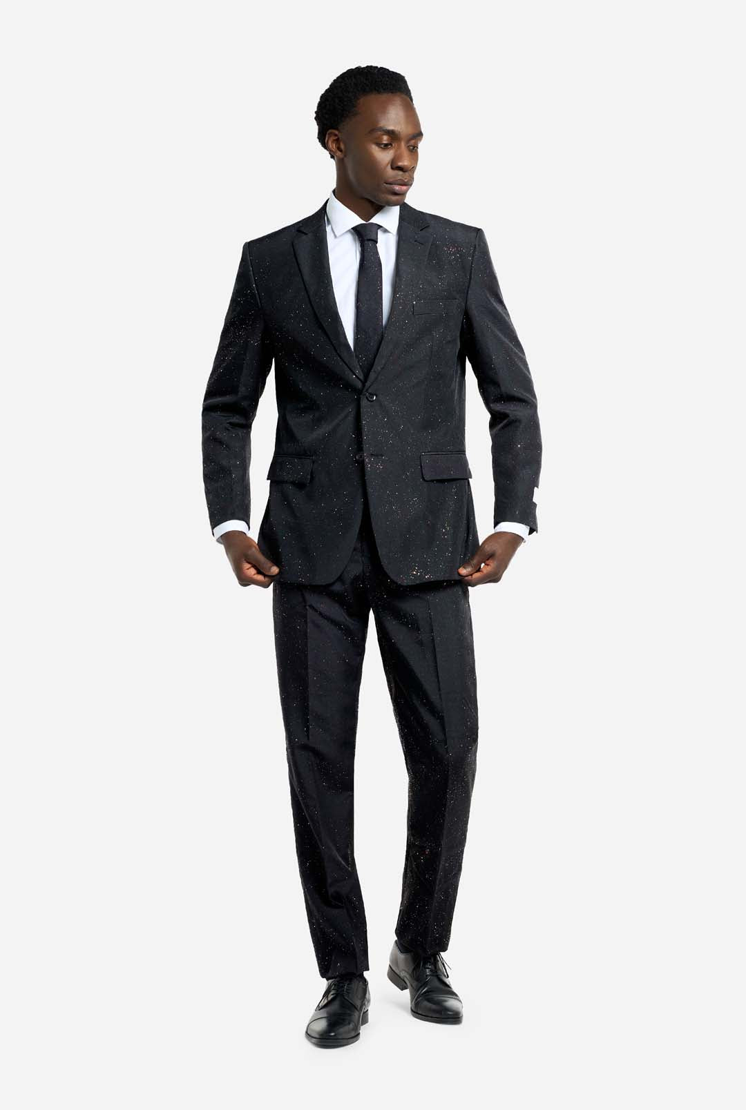 OppoSuits Men's Glitzy Glitter 2 Piece Suit + Tie, Black, 48 Regular OppoSuits Men's Glitzy Glitter 2 Piece Suit + Tie, Black, 48 Regular