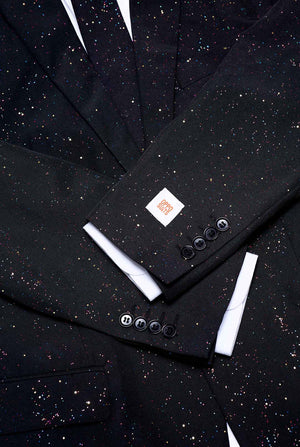 Image of an OppoSuits Glitzy Glitter men's suit with glitters and white men's shirt. Suit consist of pants, jacket and tie. Close-up.