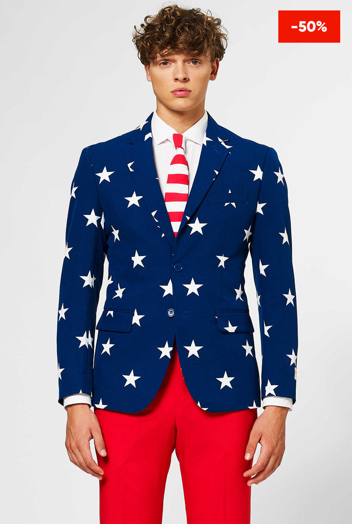 Man wearing red and blue USA themed suit for 4th of July