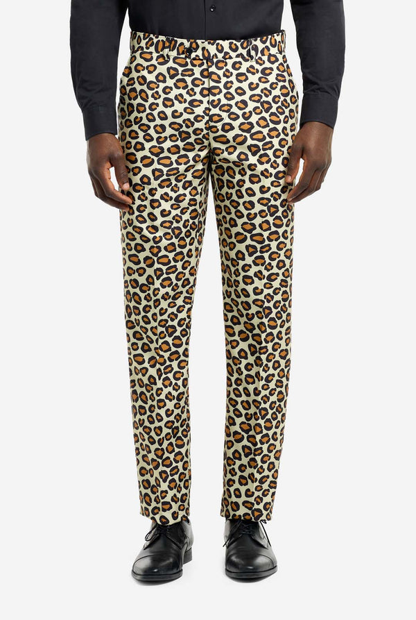 Image of a man wearing an OppoSuits The jag men's suit with panther print and black men's shirt. Suit consist of pants, jacket and tie. Pants close-up.