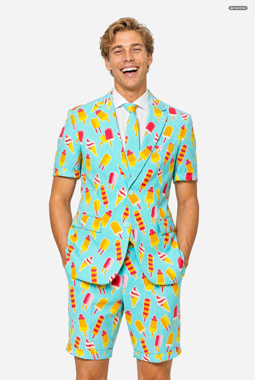 A man modeling a light blue three-piece suit with a colorful ice cream cone pattern, featuring a short-sleeve blazer, matching trousers, and a matching tie, set against a plain light gray background.