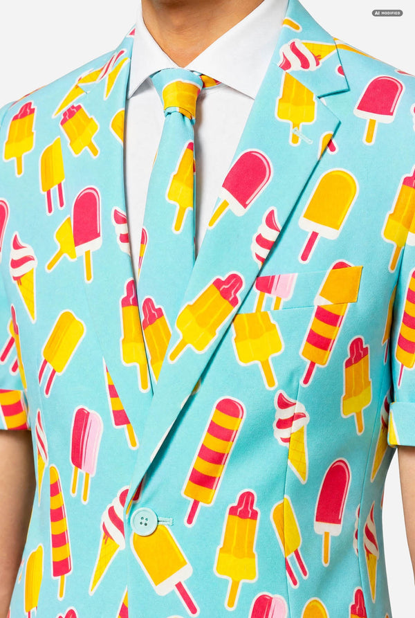A man modeling a light blue three-piece suit with a colorful ice cream cone pattern, featuring a short-sleeve blazer, matching trousers, and a matching tie, set against a plain light gray background. Chest close-up.
