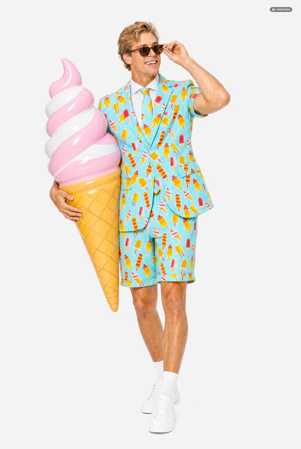 A man modeling a light blue three-piece suit with a colorful ice cream cone pattern, featuring a short-sleeve blazer, matching trousers, and a matching tie, set against a plain light gray background. Holding a large ice cream cone.