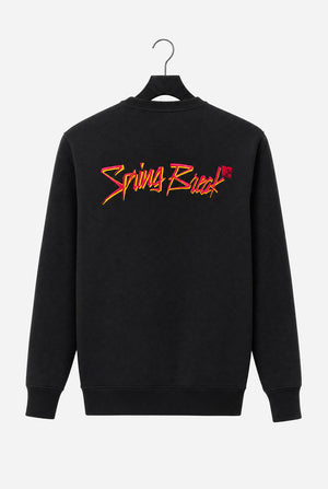 A black crewneck sweatshirt hanging on a black hanger against a light gray background, featuring a stylized 'Spring Break and MTV logo embroidery in Pink and yellow across the upper back.