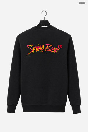 A black crewneck sweatshirt hanging on a black hanger against a light gray background, featuring a stylized 'Spring Break MTV' graphic in pink and yellow across the back.