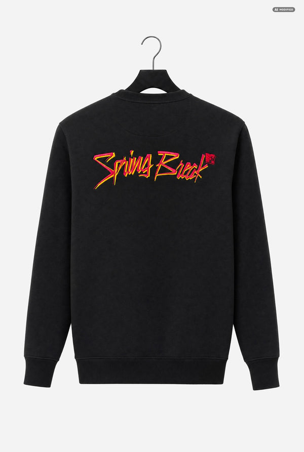A black crewneck sweatshirt hanging on a black hanger against a light gray background, featuring a stylized 'Spring Break MTV' graphic in pink and yellow across the back.