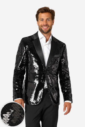 Man wearing a black sequin blazer with a close-up inset showing the sequins.