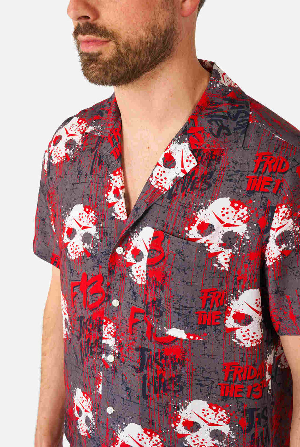 Man wearing Halloween Shirt with Friday the 13th Print