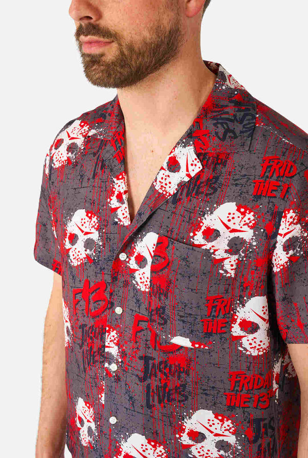Man wearing Halloween Shirt with Friday the 13th Print, close up