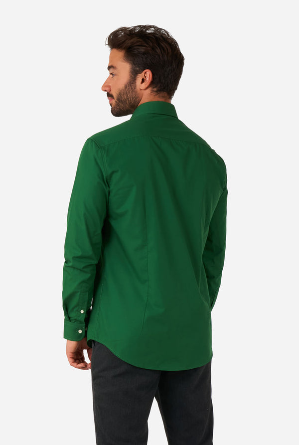 Man wearing dark green men's shirt, view from the back