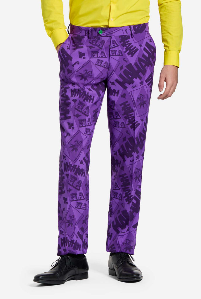 The Joker purple men's suit and yellow shirt worn by man, pants view