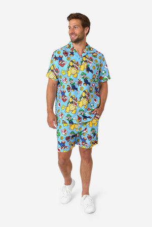 Man wearing a colorful Mario-themed shirt and shorts set on a light background. Full body image.
