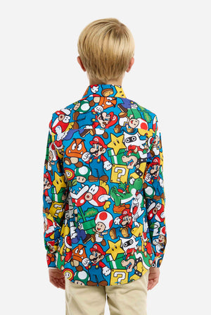 Image of teen wearing a Super Mario all over print shirt. Main color is blue, but there is also yellow, red and white. View from the back.
